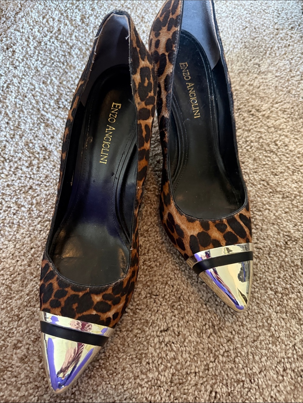 Enzo Angiolini Leopard Print Pointed Toe Pumps with Silver Cap Detail
